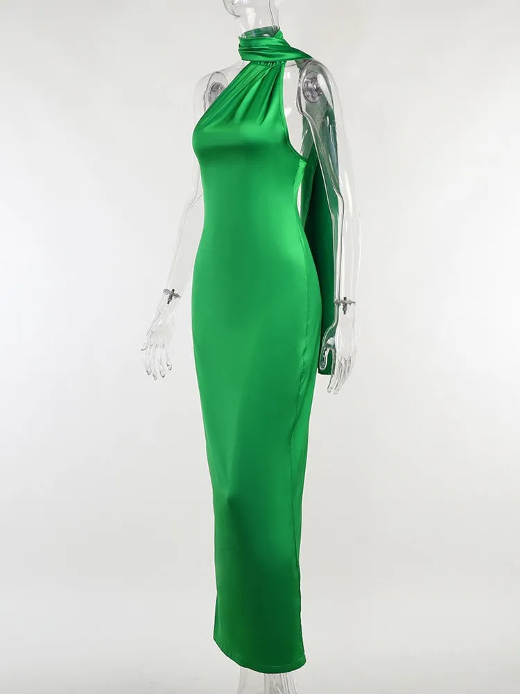 BerryBetty - Elegant Satin Backless Maxi Dress Women Gown Summer Halter Sleeveless Backless Bodycon Long Club Party Dress Vestido