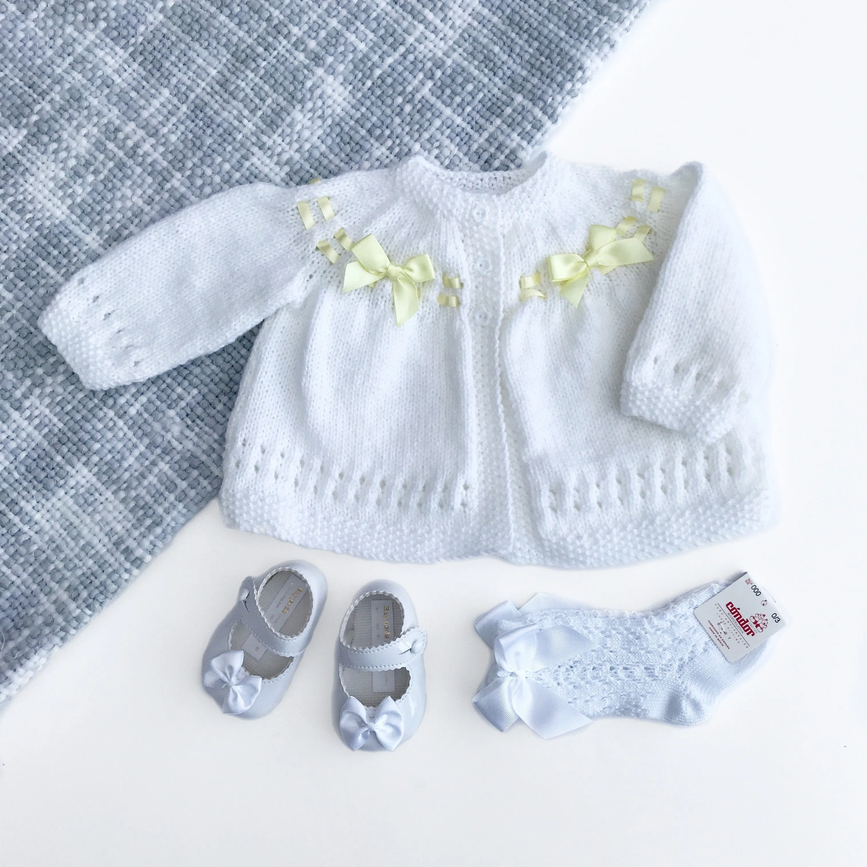 Bespoke White Matinee Jacket with Yellow Bows