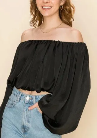 Bishop Sleeve Satin Off the Shoulder Crop Top