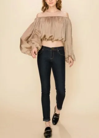 Bishop Sleeve Satin Off the Shoulder Crop Top