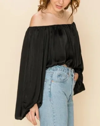 Bishop Sleeve Satin Off the Shoulder Crop Top