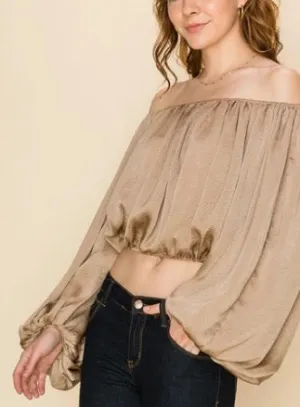 Bishop Sleeve Satin Off the Shoulder Crop Top
