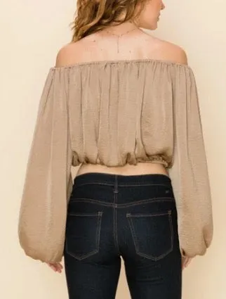 Bishop Sleeve Satin Off the Shoulder Crop Top