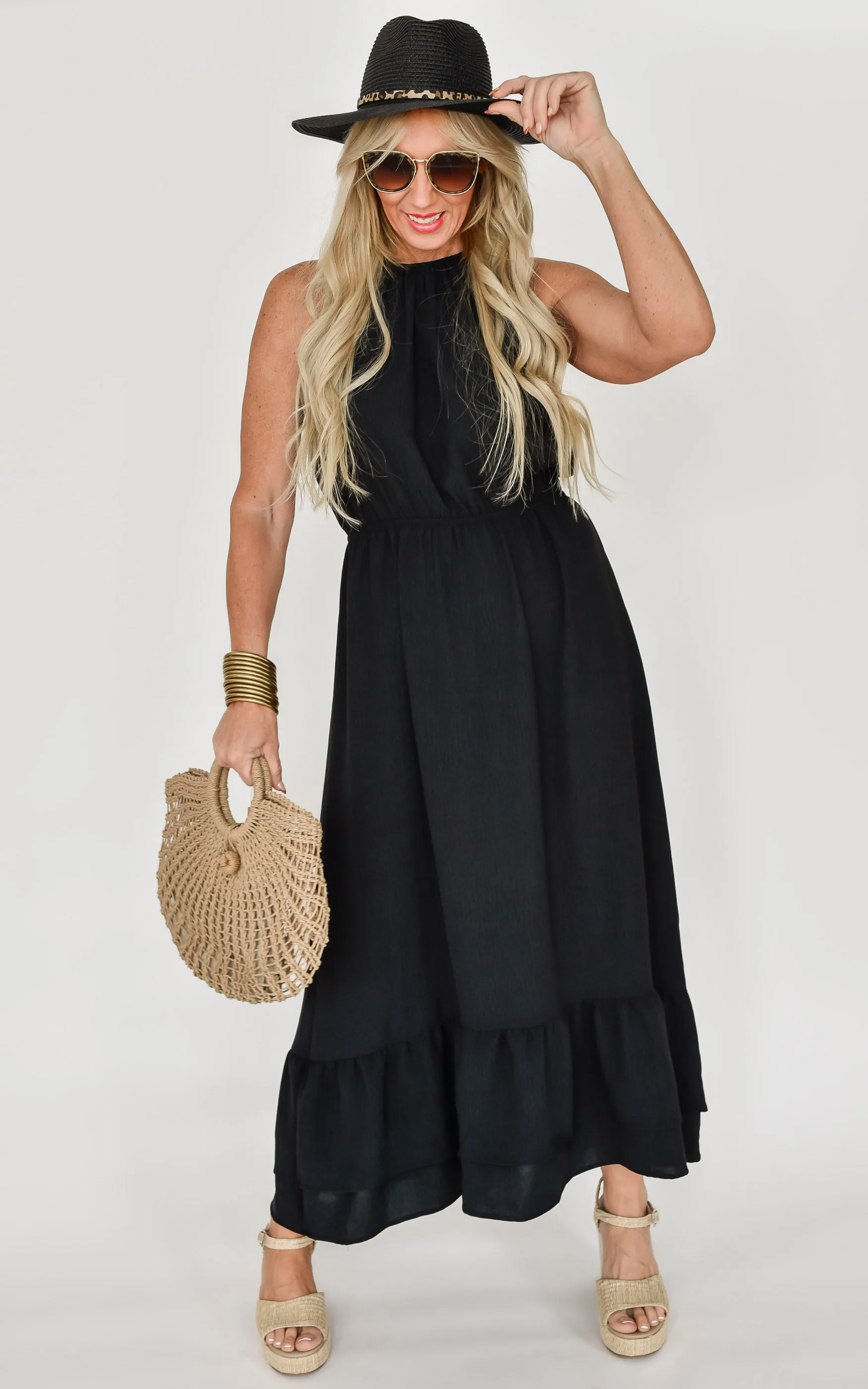Black Air Flow Halter Neck Maxi Dress
