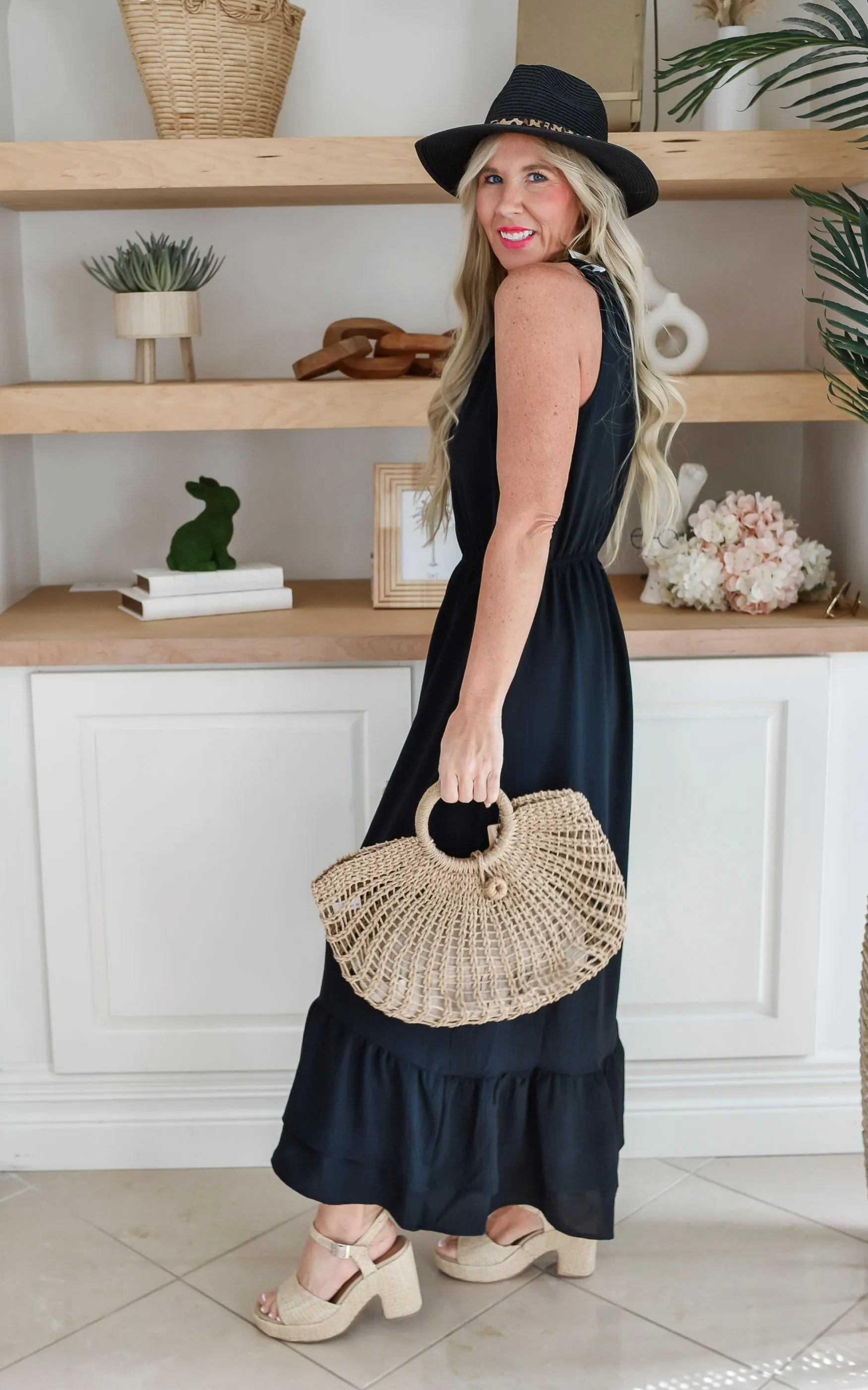 Black Air Flow Halter Neck Maxi Dress