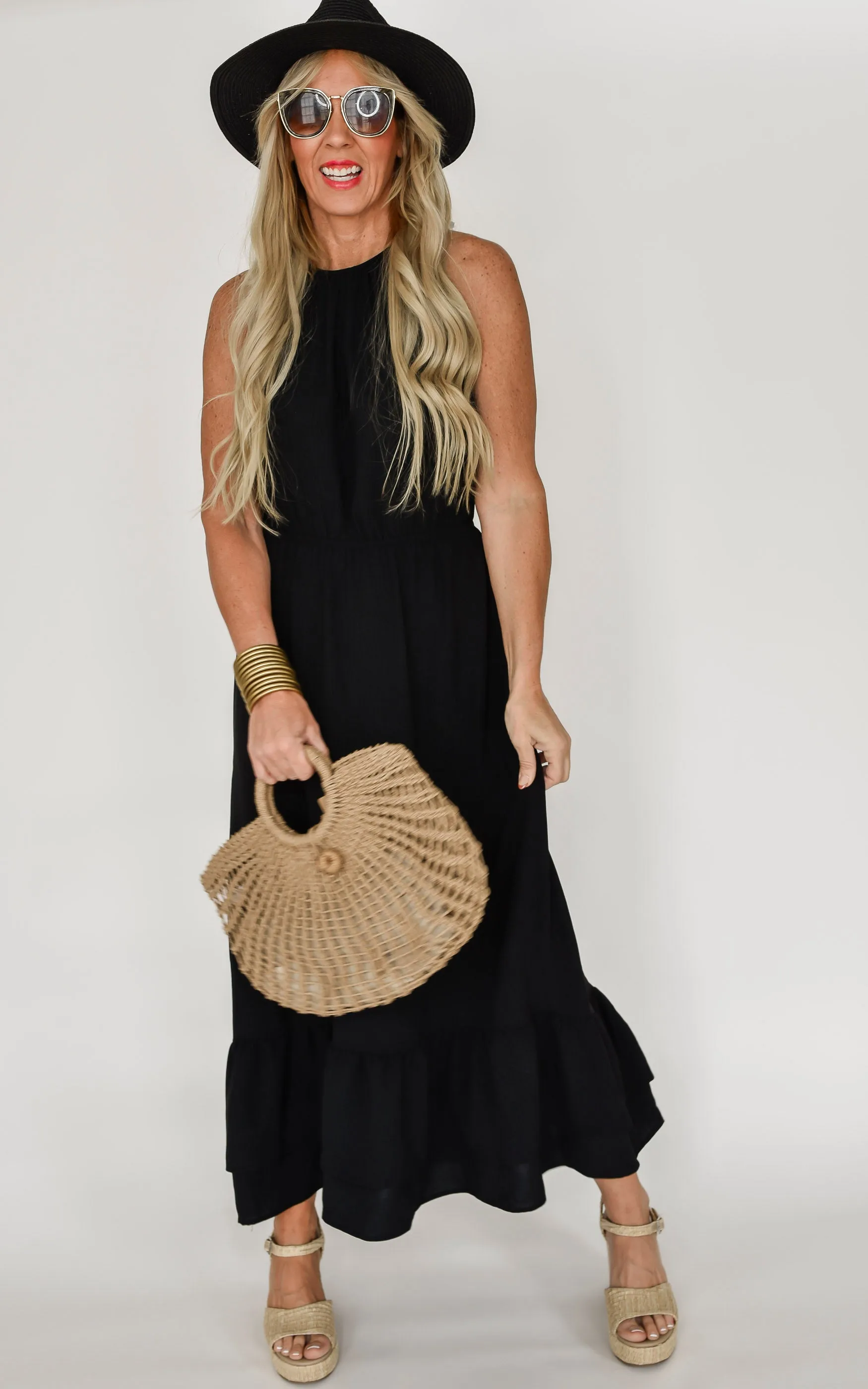 Black Air Flow Halter Neck Maxi Dress