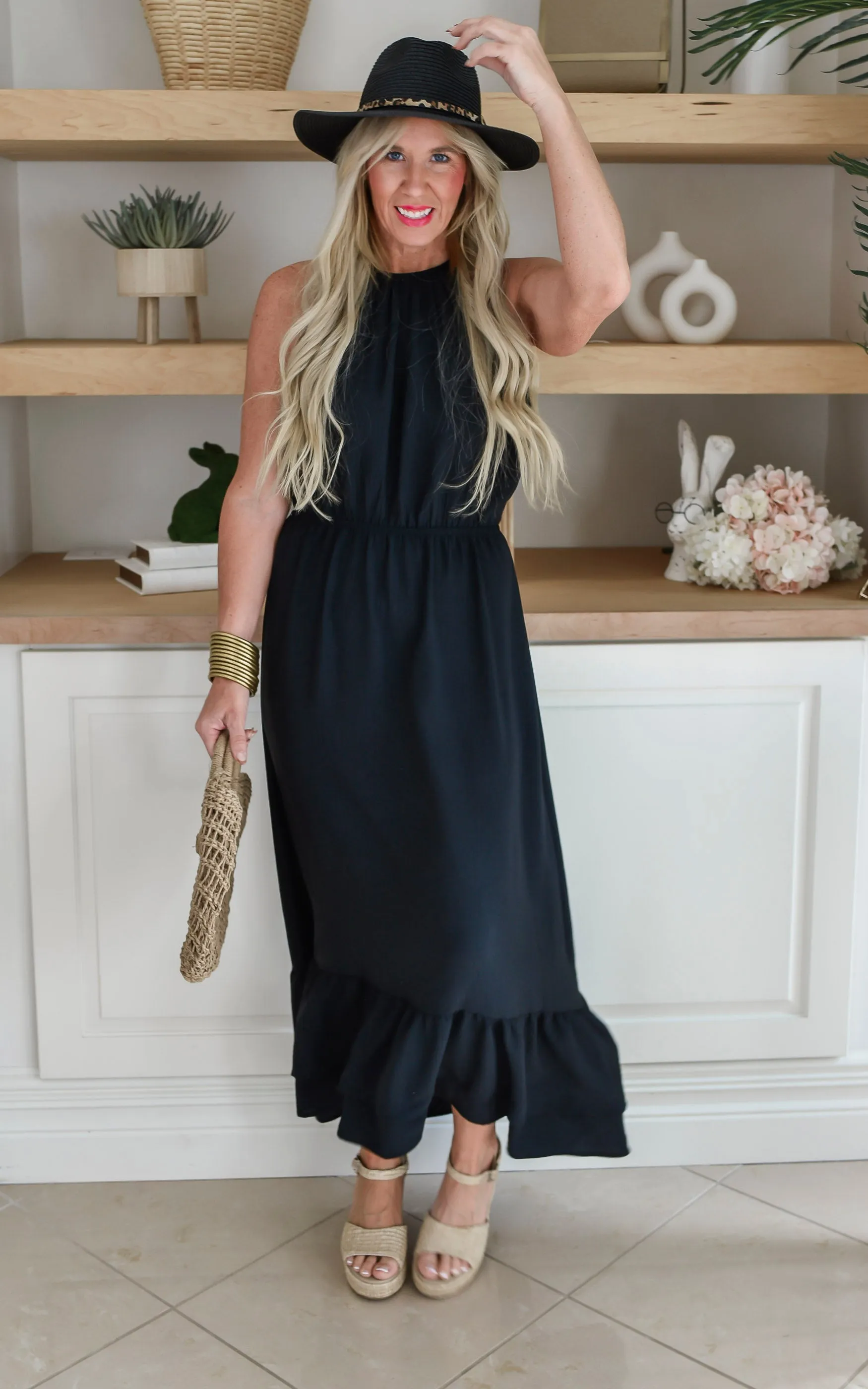 Black Air Flow Halter Neck Maxi Dress