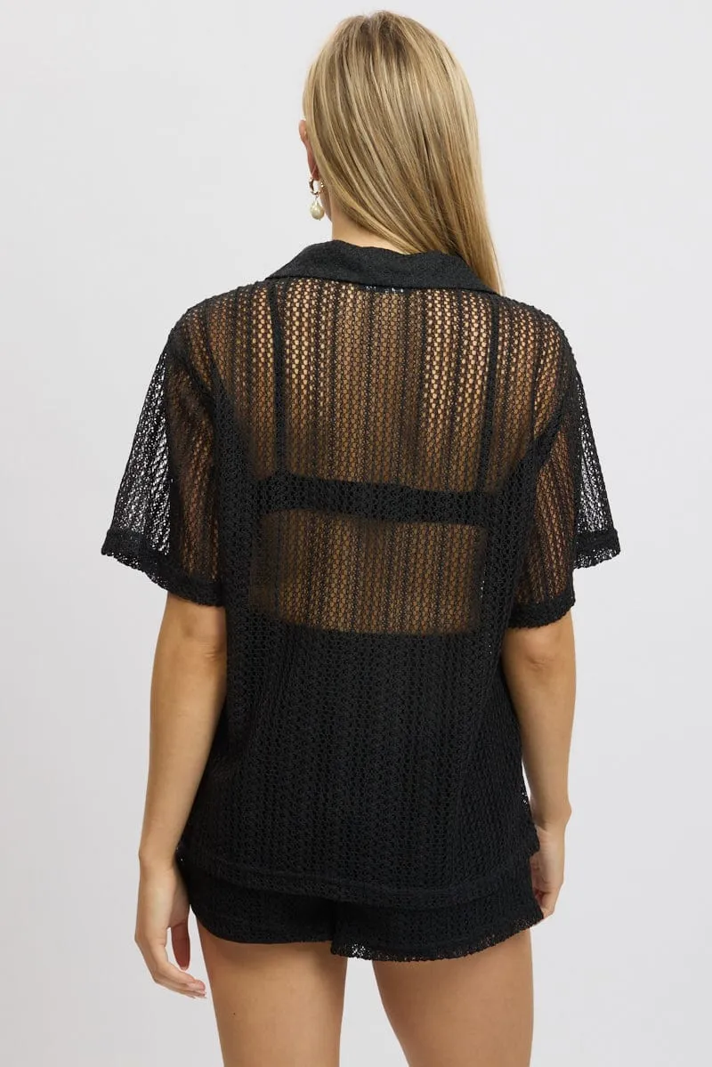 Black Crochet Collar Cardigan Short Sleeve