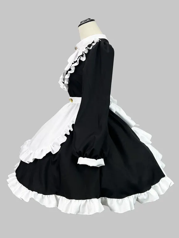 Black Maid Lolita Dresses Ruffles Long Sleeves Double Buckles Lolita Dress