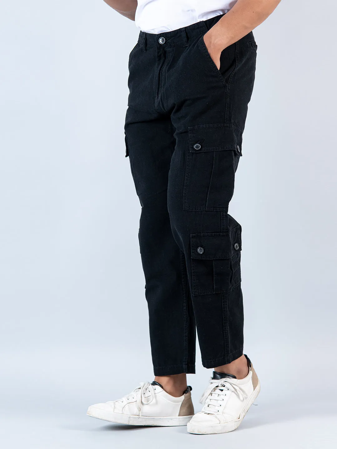Black Matty Linen Non Lycra Mens Cargo Pants