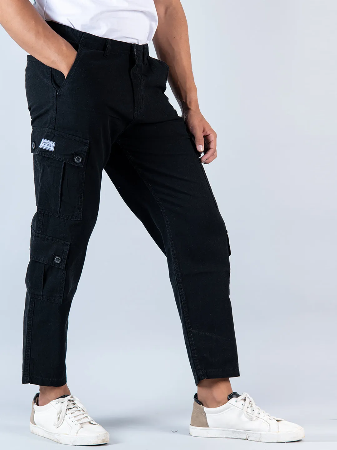 Black Matty Linen Non Lycra Mens Cargo Pants