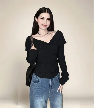 Black Off-Shoulder Ribbed Knit Top