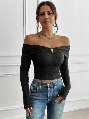 Black Off Shoulder Textured Top