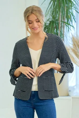 Black   White Stripe Blazer with Tie Accent