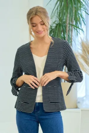 Black   White Stripe Blazer with Tie Accent