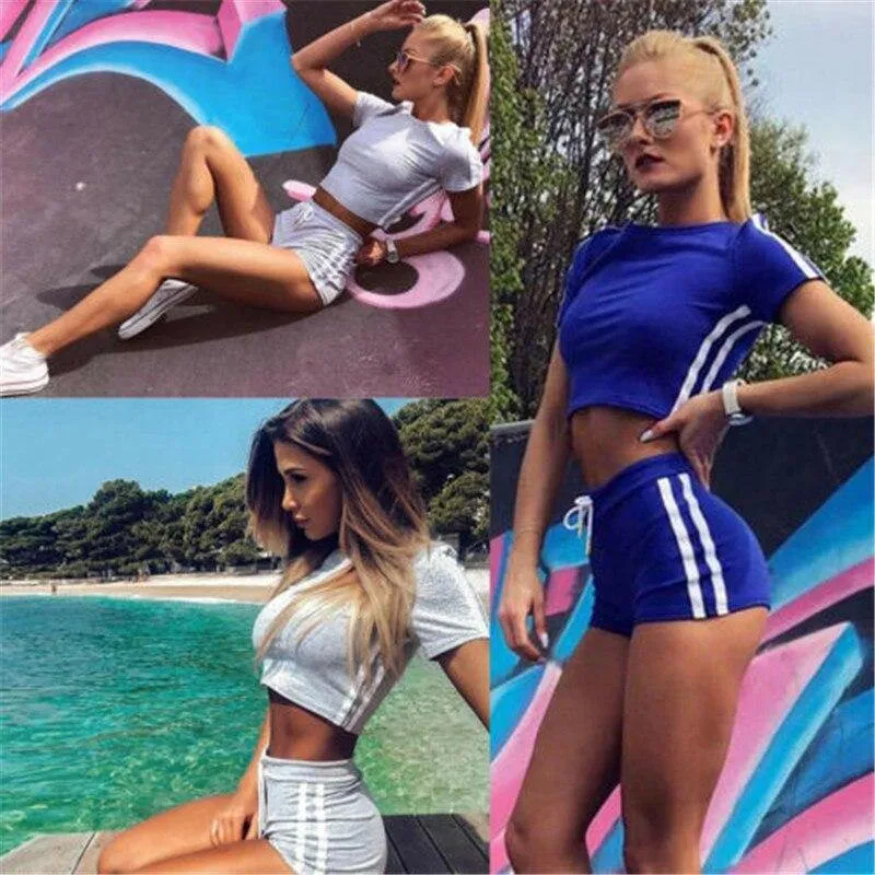 Blue Athletic Crop Top and Shorts Set