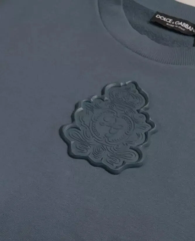 Blue Cotton Logo Patch Crew Neck Men Pullover Sweater