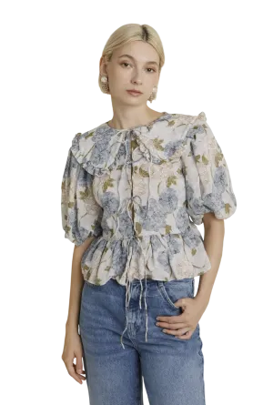 Blue Peony Tie Front Top