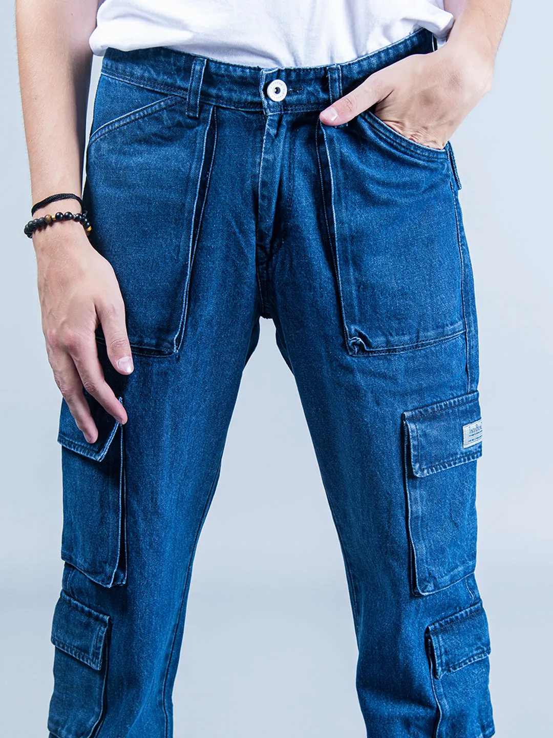 Blue Straight Fit Cargo Denim