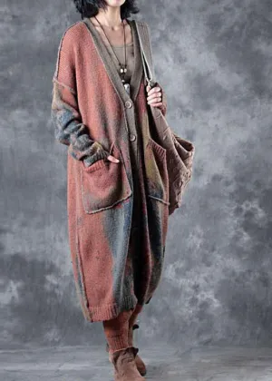 Boho orange V neck pockets fall button knit sweater cardigans