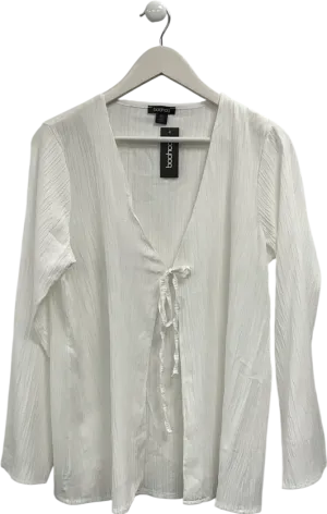 boohoo White Woven Crinkle Tie Front Top UK 12