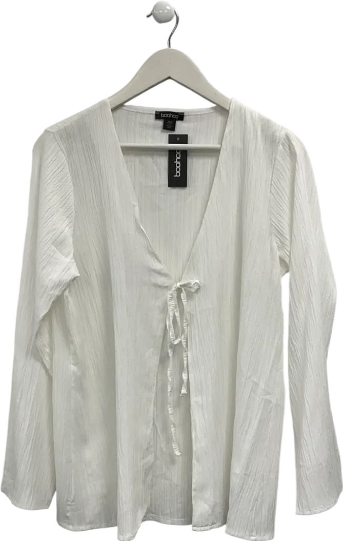 boohoo White Woven Crinkle Tie Front Top UK 12