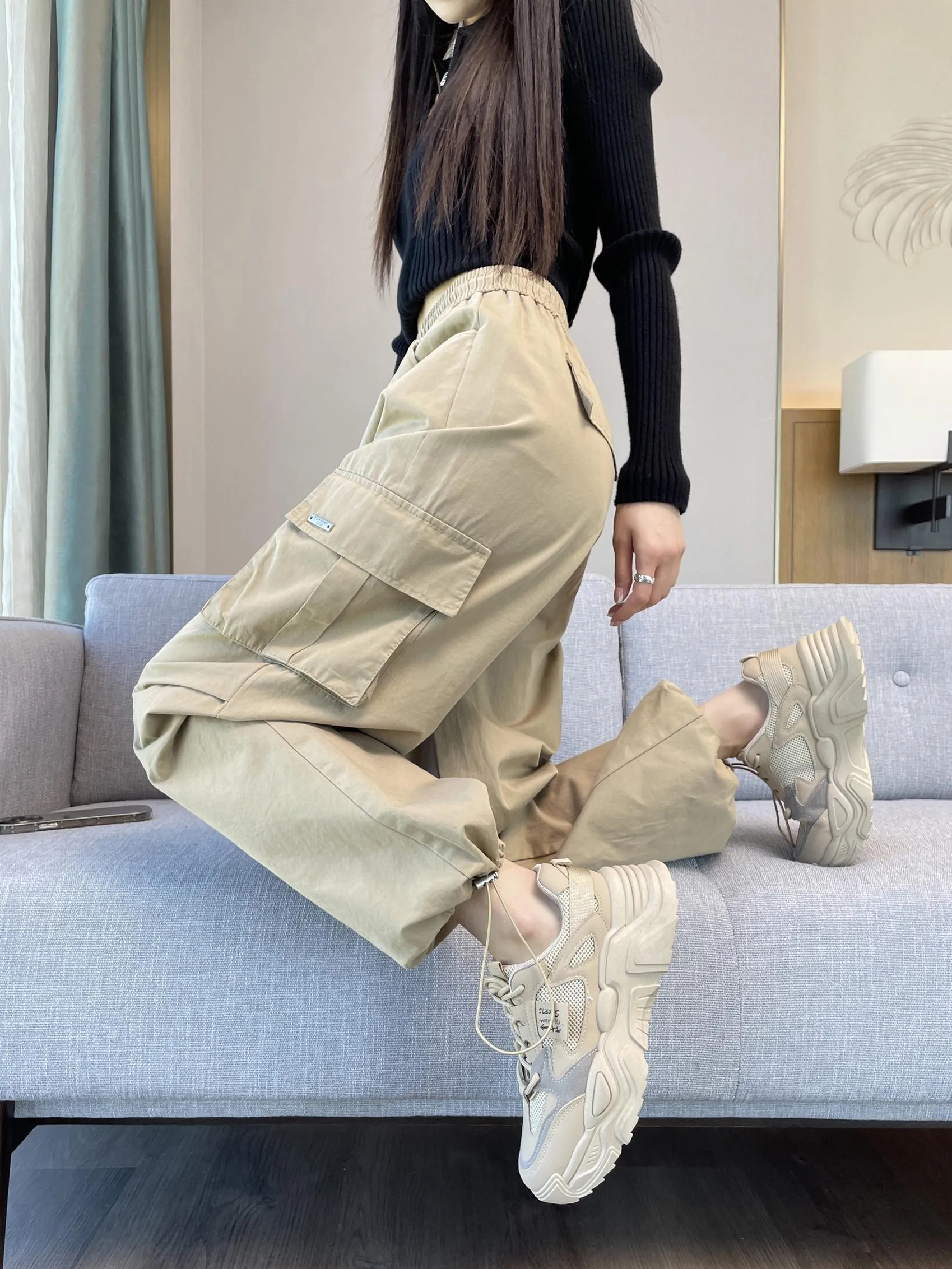 Breathable Solid Color Cargo Pants with Comfort and Drawstring Cuffs