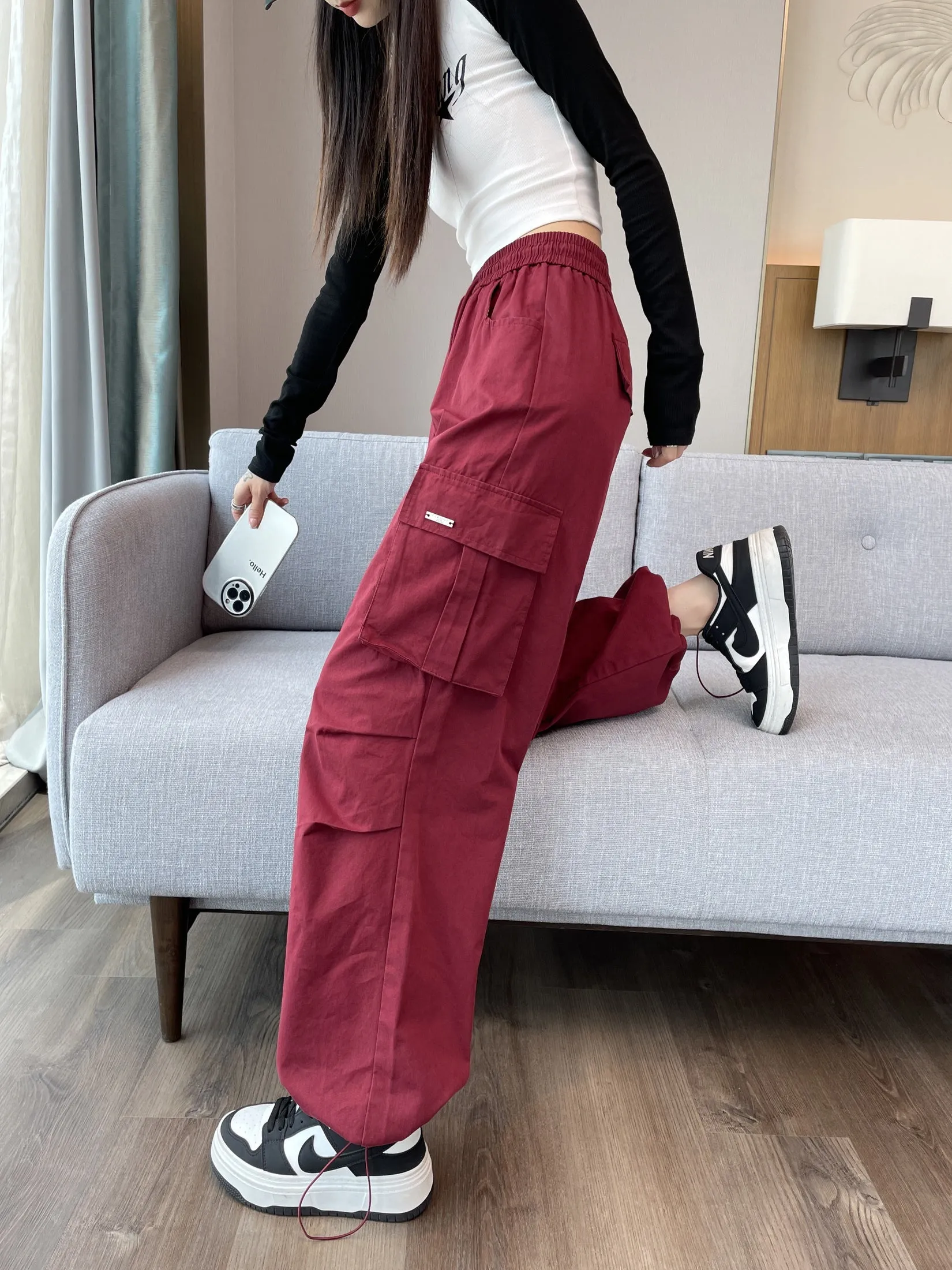 Breathable Solid Color Cargo Pants with Comfort and Drawstring Cuffs