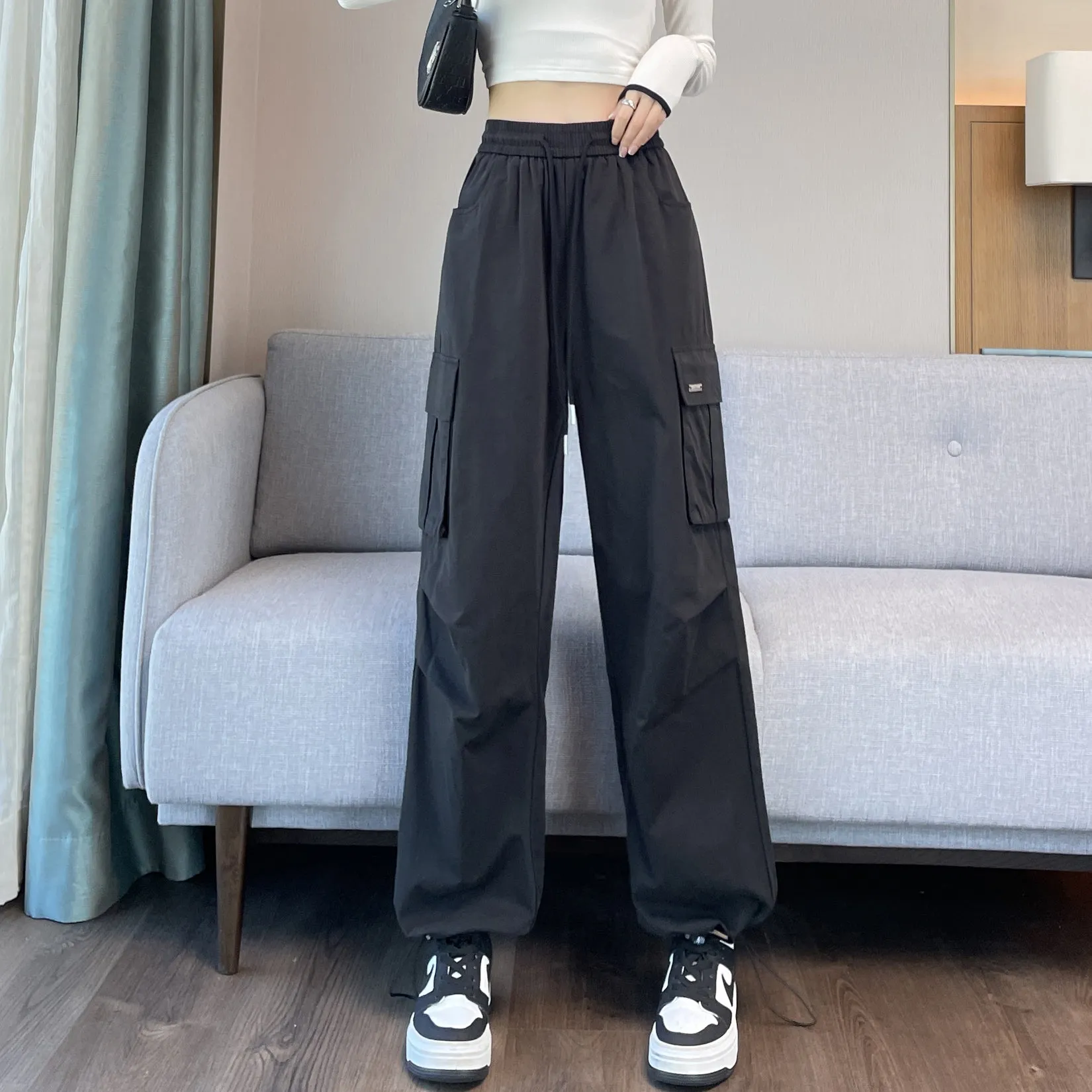 Breathable Solid Color Cargo Pants with Comfort and Drawstring Cuffs