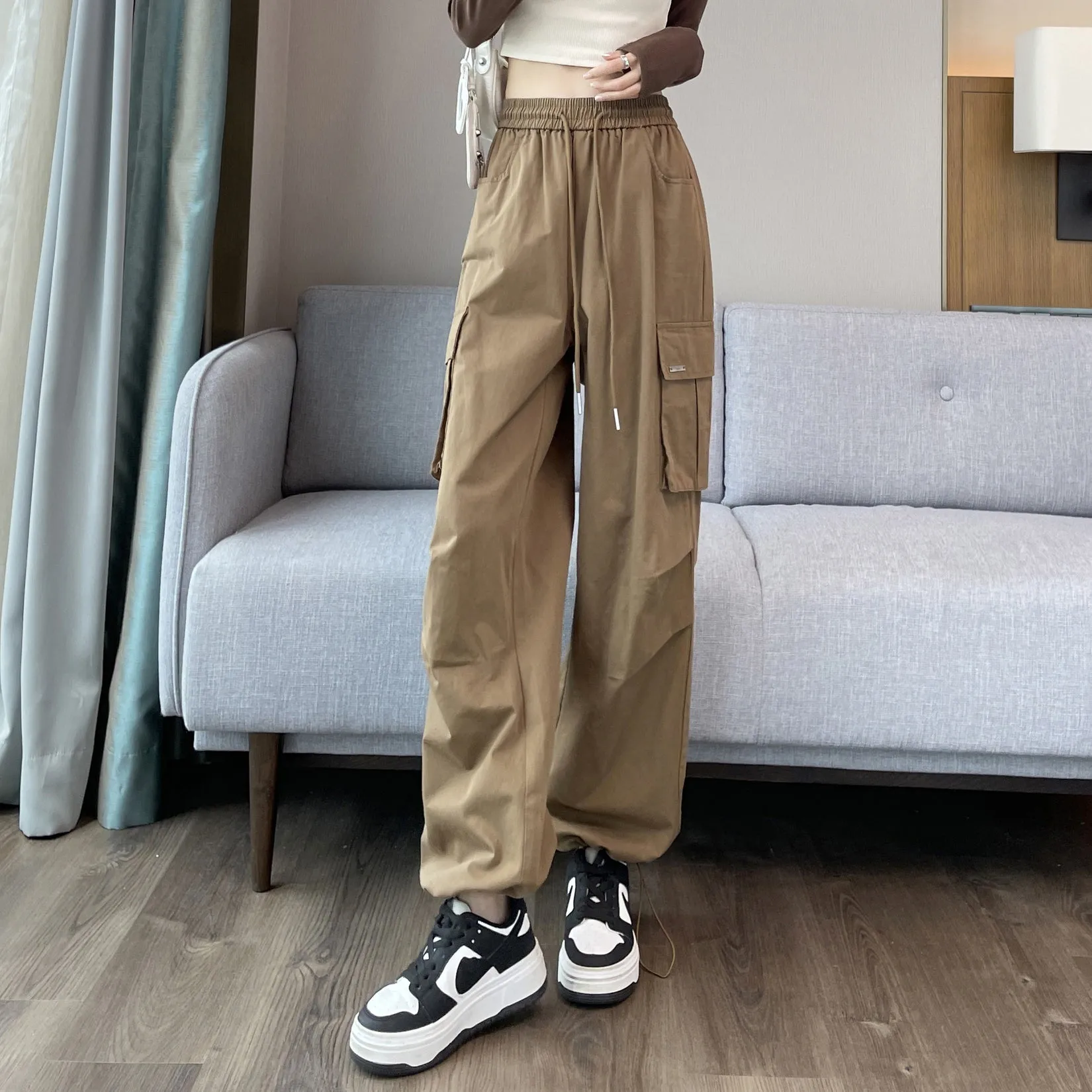 Breathable Solid Color Cargo Pants with Comfort and Drawstring Cuffs
