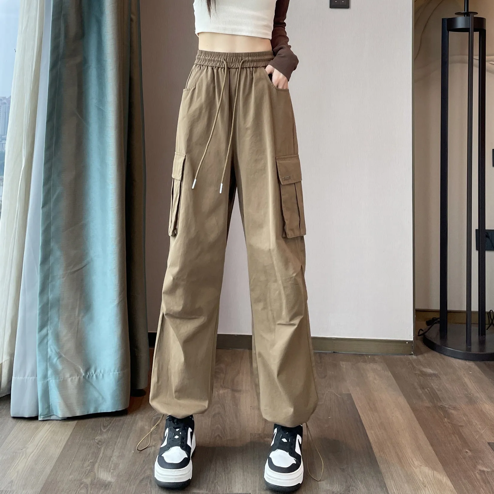 Breathable Solid Color Cargo Pants with Comfort and Drawstring Cuffs
