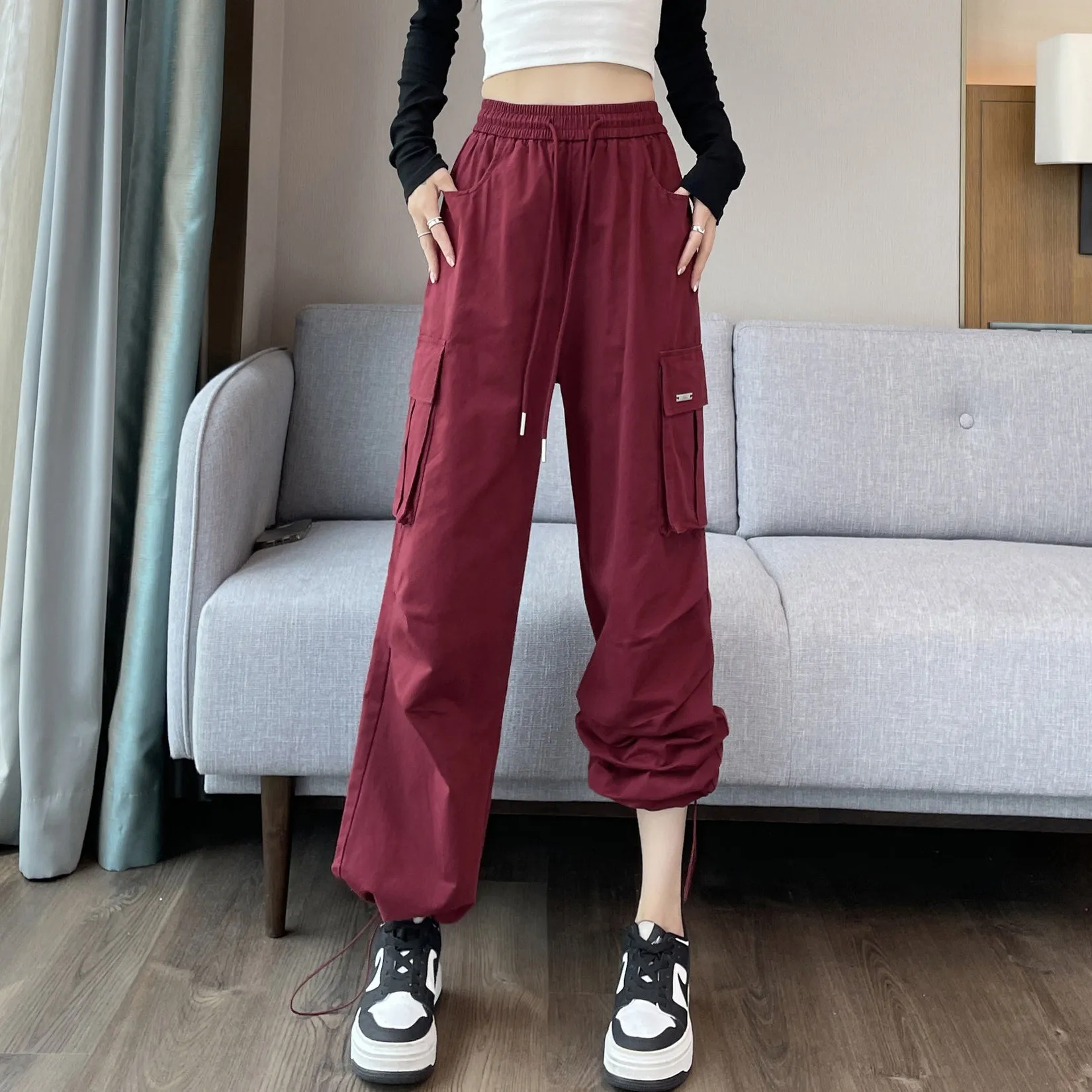 Breathable Solid Color Cargo Pants with Comfort and Drawstring Cuffs