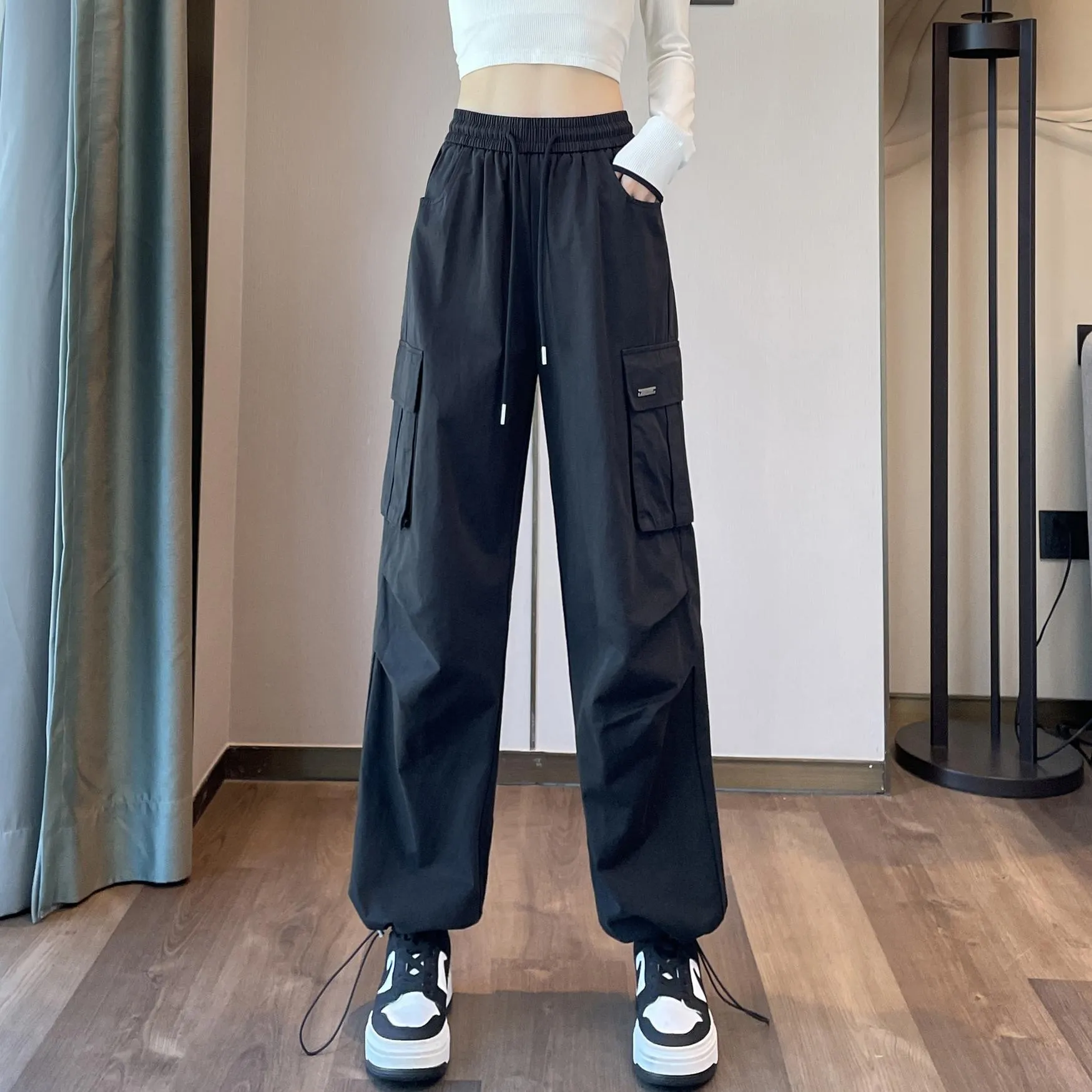 Breathable Solid Color Cargo Pants with Comfort and Drawstring Cuffs