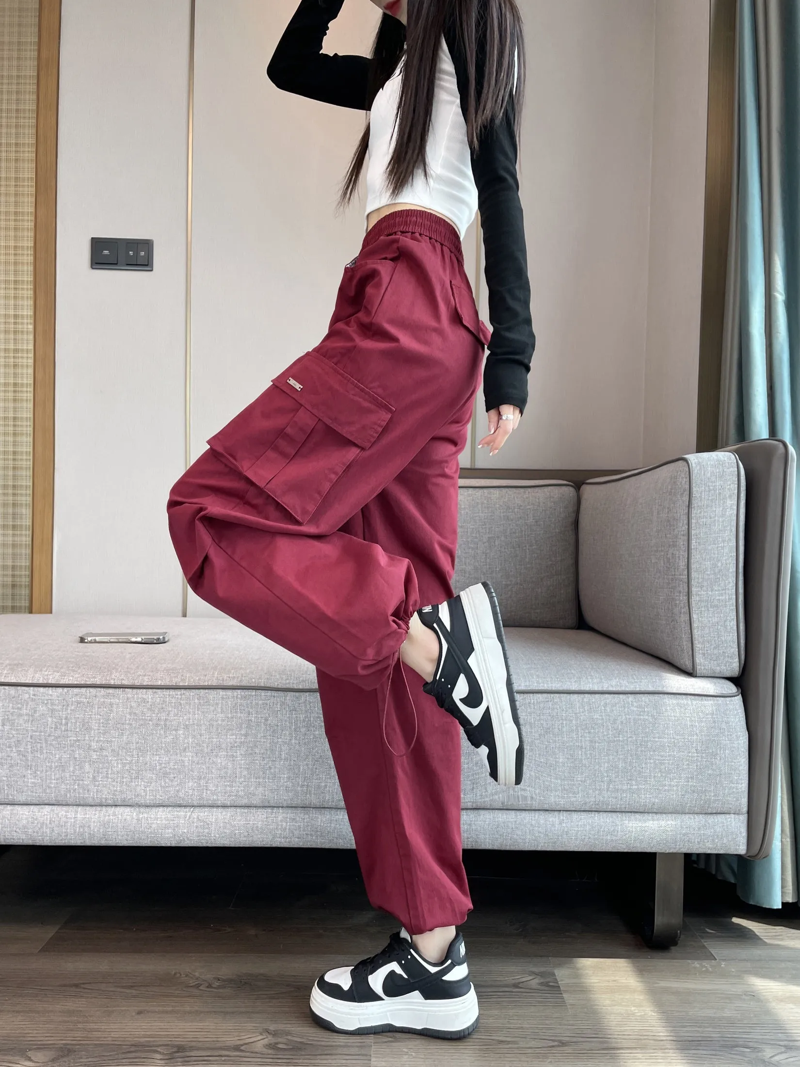 Breathable Solid Color Cargo Pants with Comfort and Drawstring Cuffs