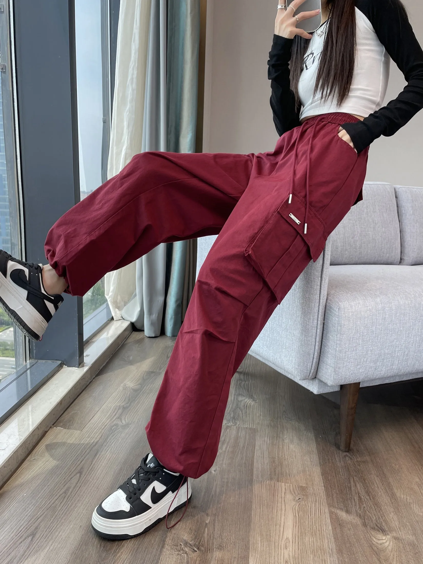 Breathable Solid Color Cargo Pants with Comfort and Drawstring Cuffs