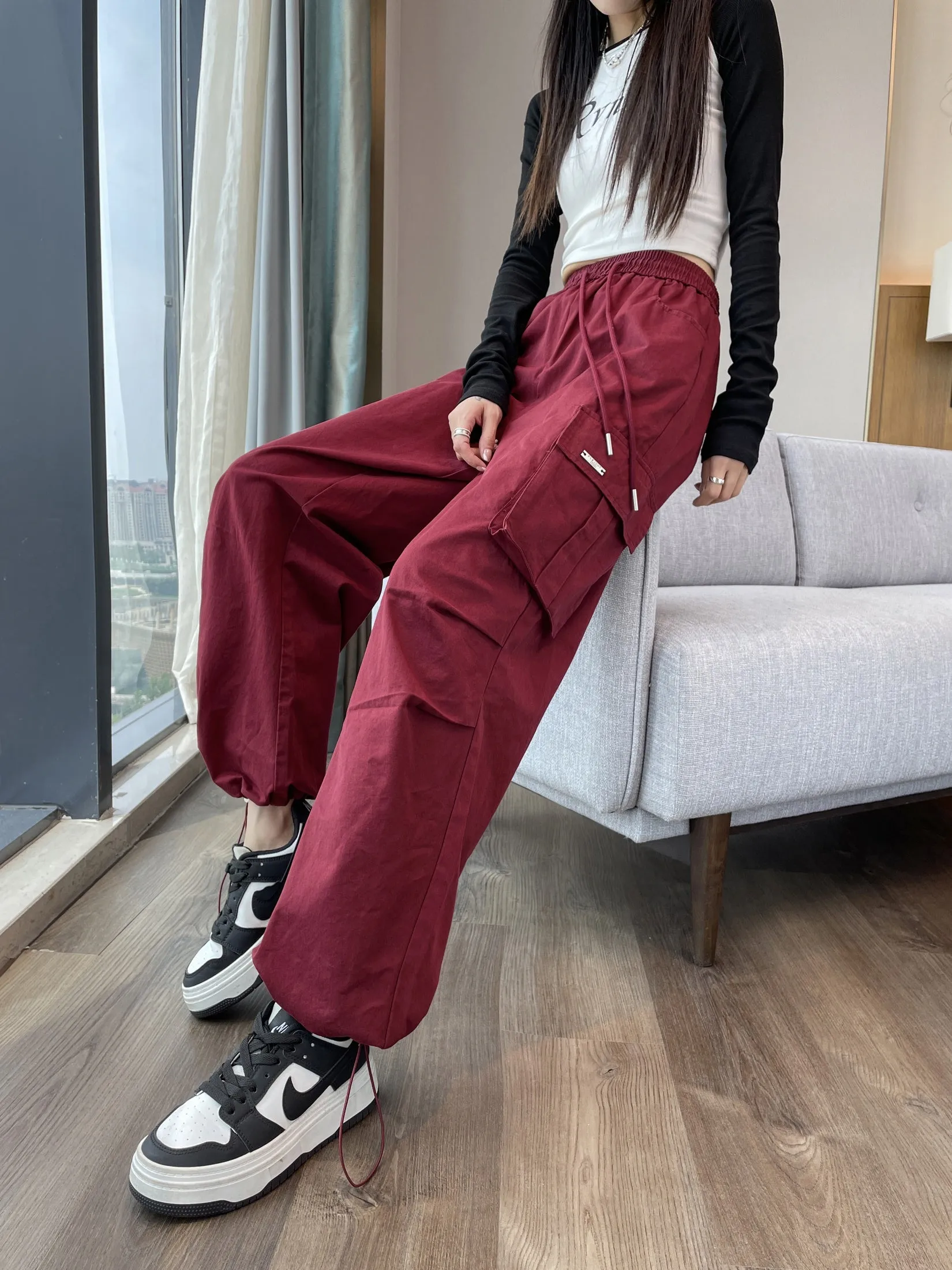 Breathable Solid Color Cargo Pants with Comfort and Drawstring Cuffs