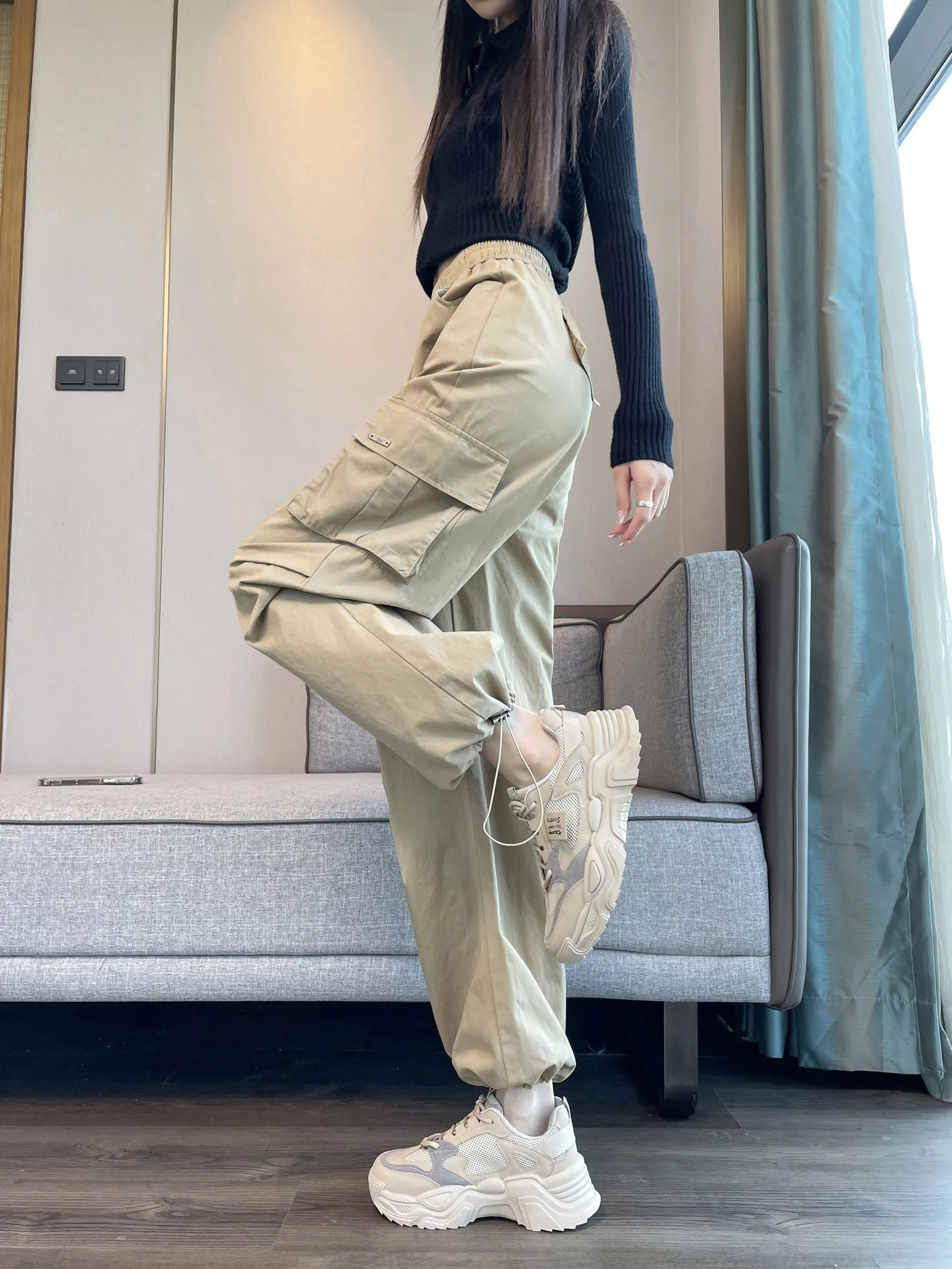 Breathable Solid Color Cargo Pants with Comfort and Drawstring Cuffs