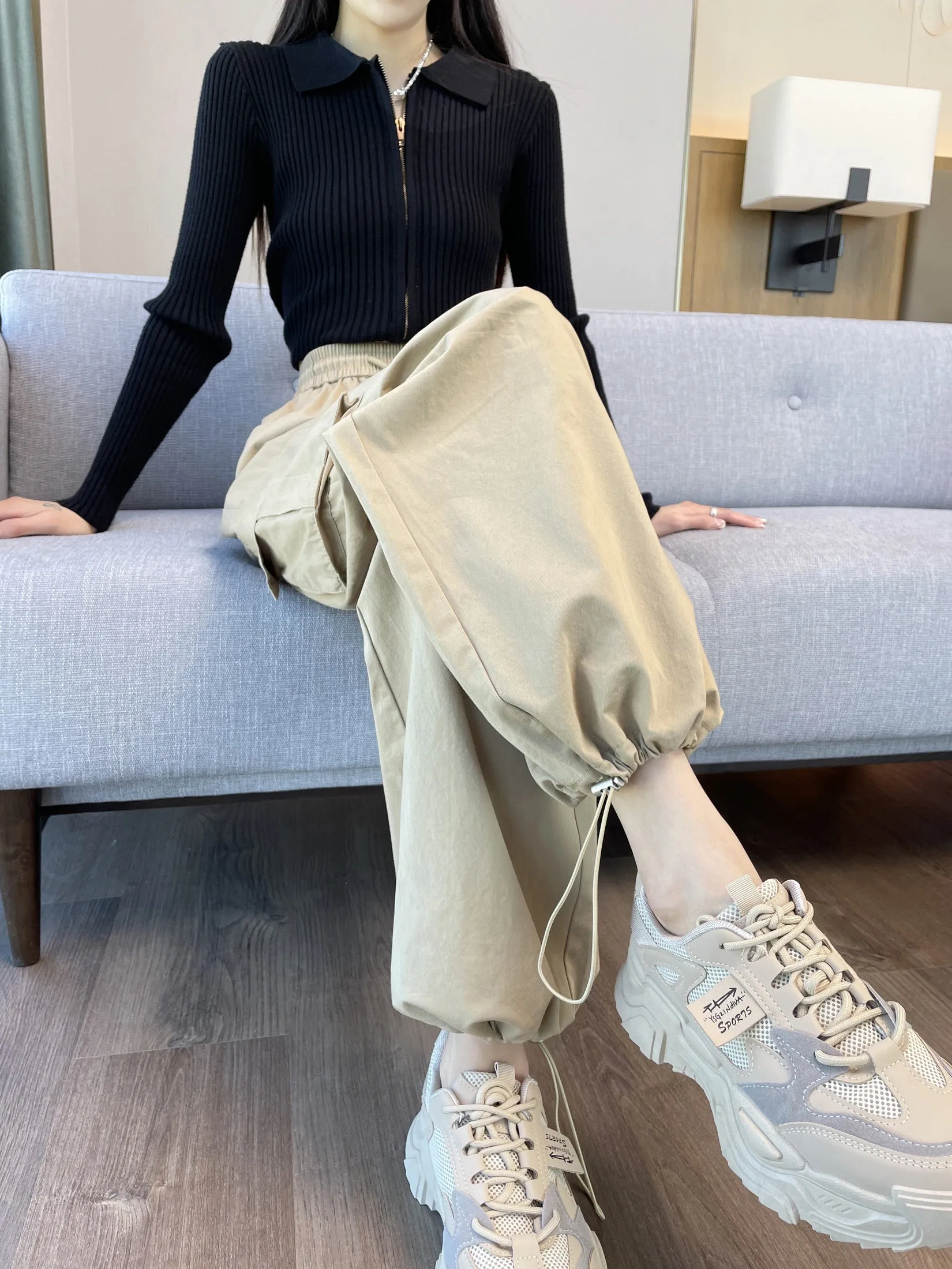 Breathable Solid Color Cargo Pants with Comfort and Drawstring Cuffs