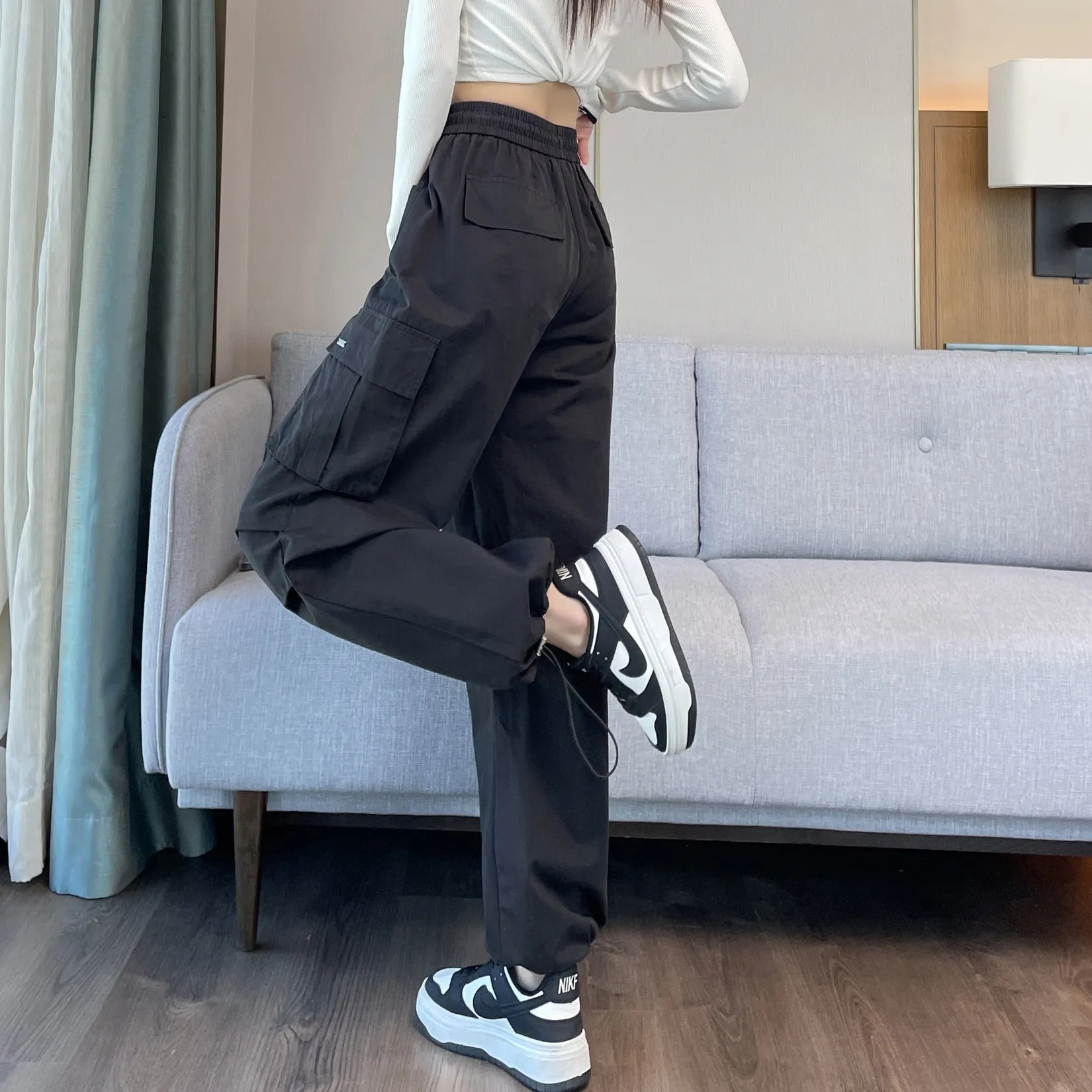 Breathable Solid Color Cargo Pants with Comfort and Drawstring Cuffs