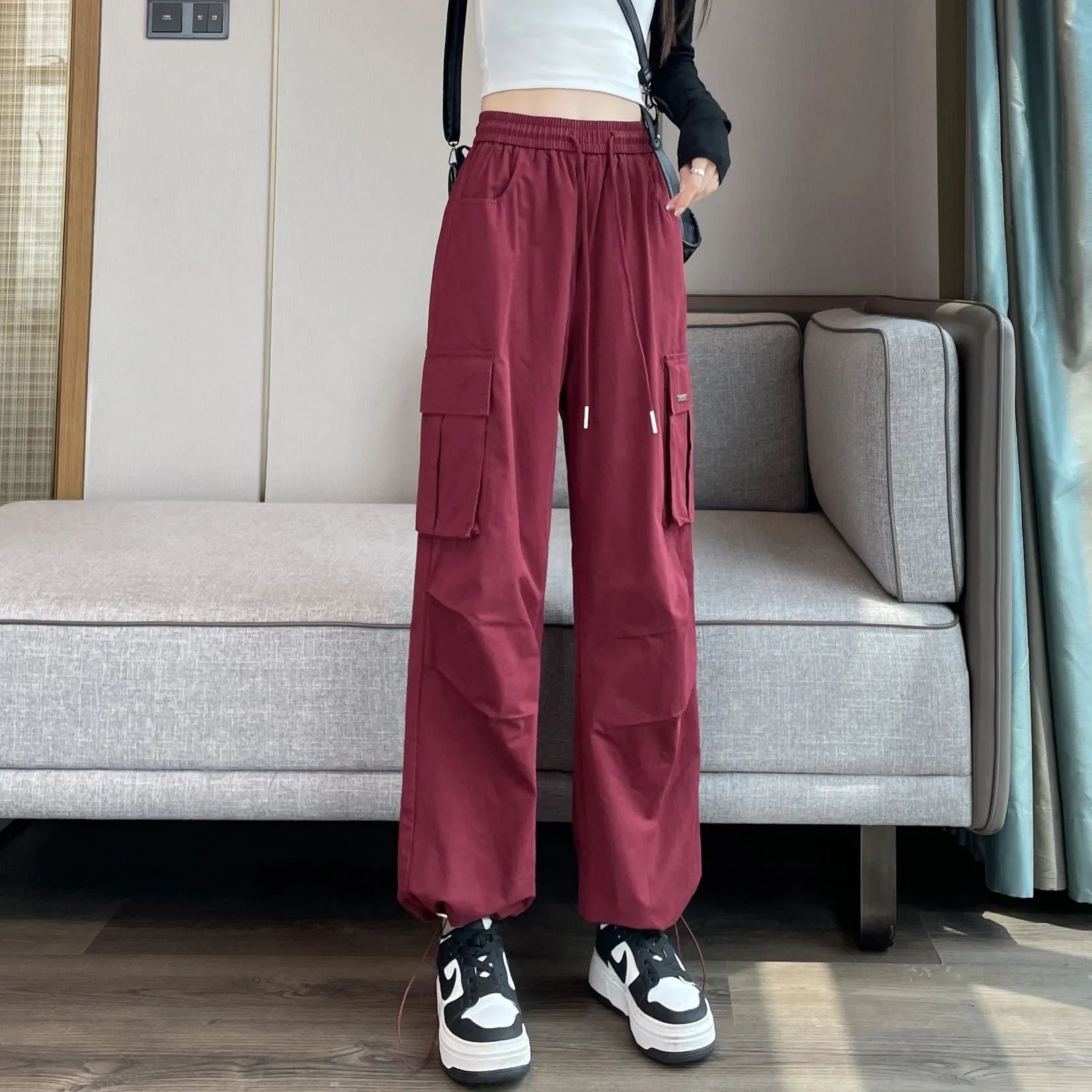Breathable Solid Color Cargo Pants with Comfort and Drawstring Cuffs