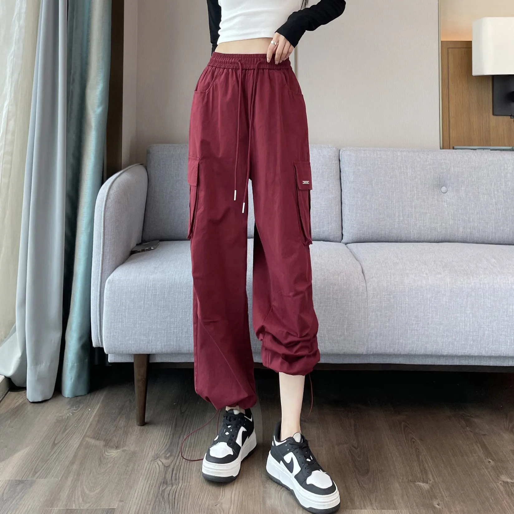 Breathable Solid Color Cargo Pants with Comfort and Drawstring Cuffs