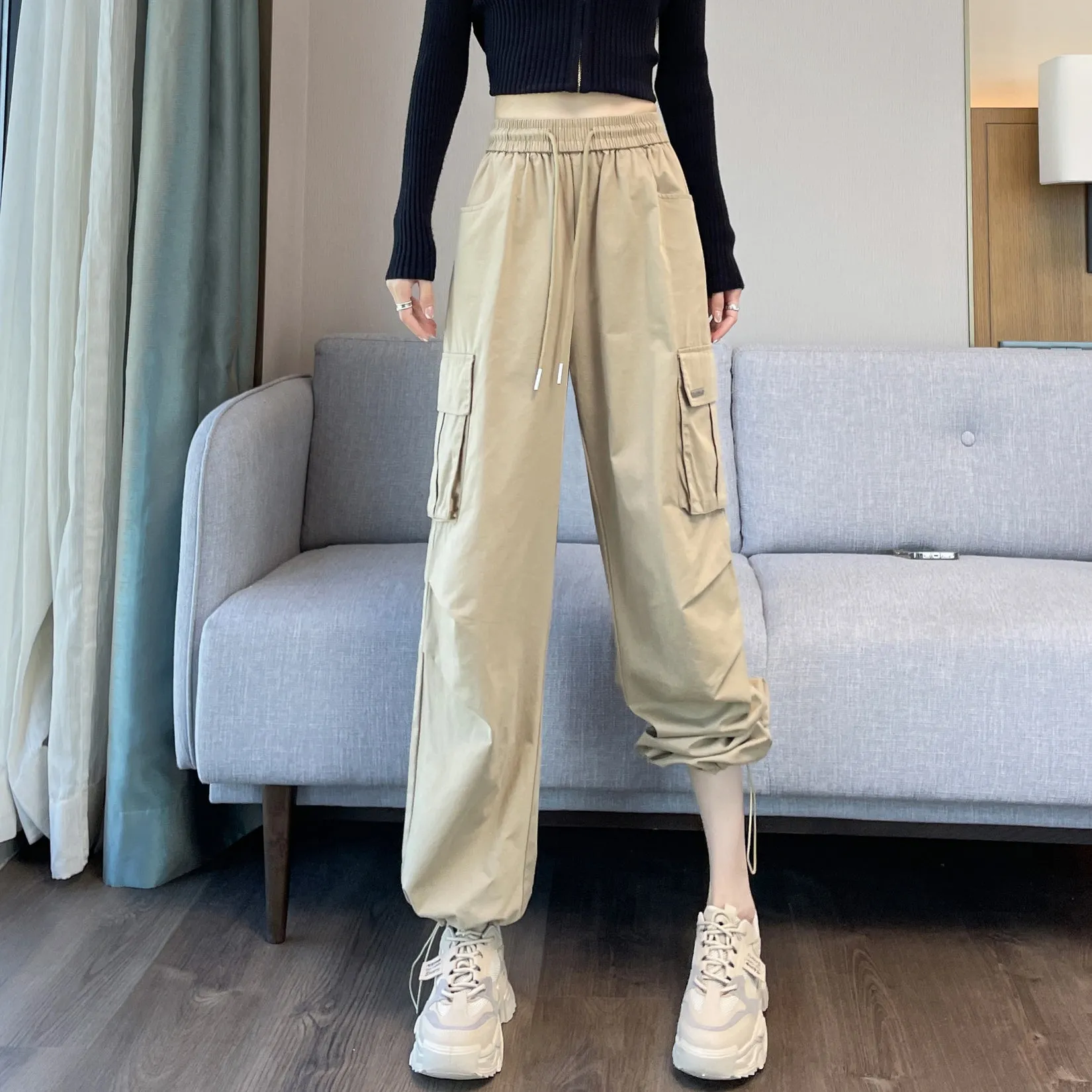 Breathable Solid Color Cargo Pants with Comfort and Drawstring Cuffs