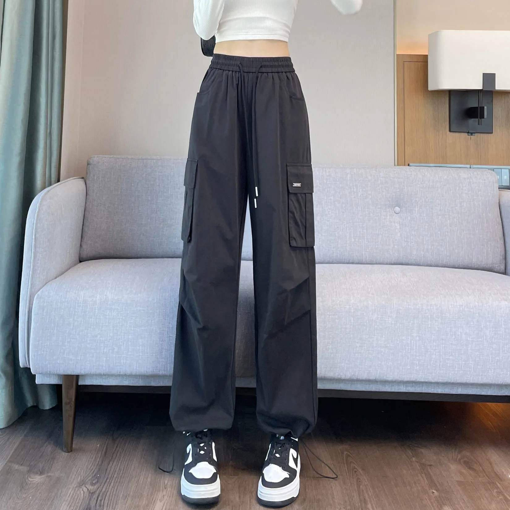 Breathable Solid Color Cargo Pants with Comfort and Drawstring Cuffs