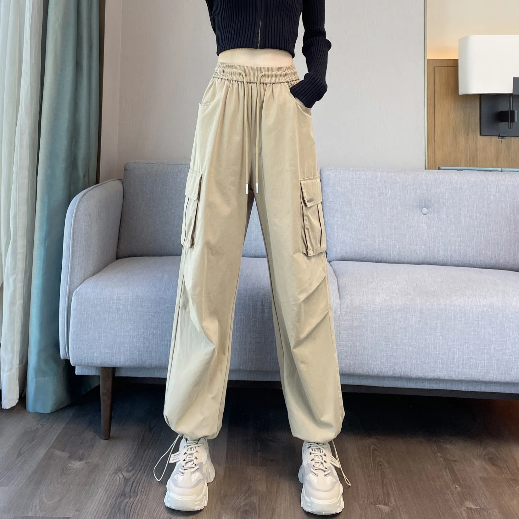 Breathable Solid Color Cargo Pants with Comfort and Drawstring Cuffs