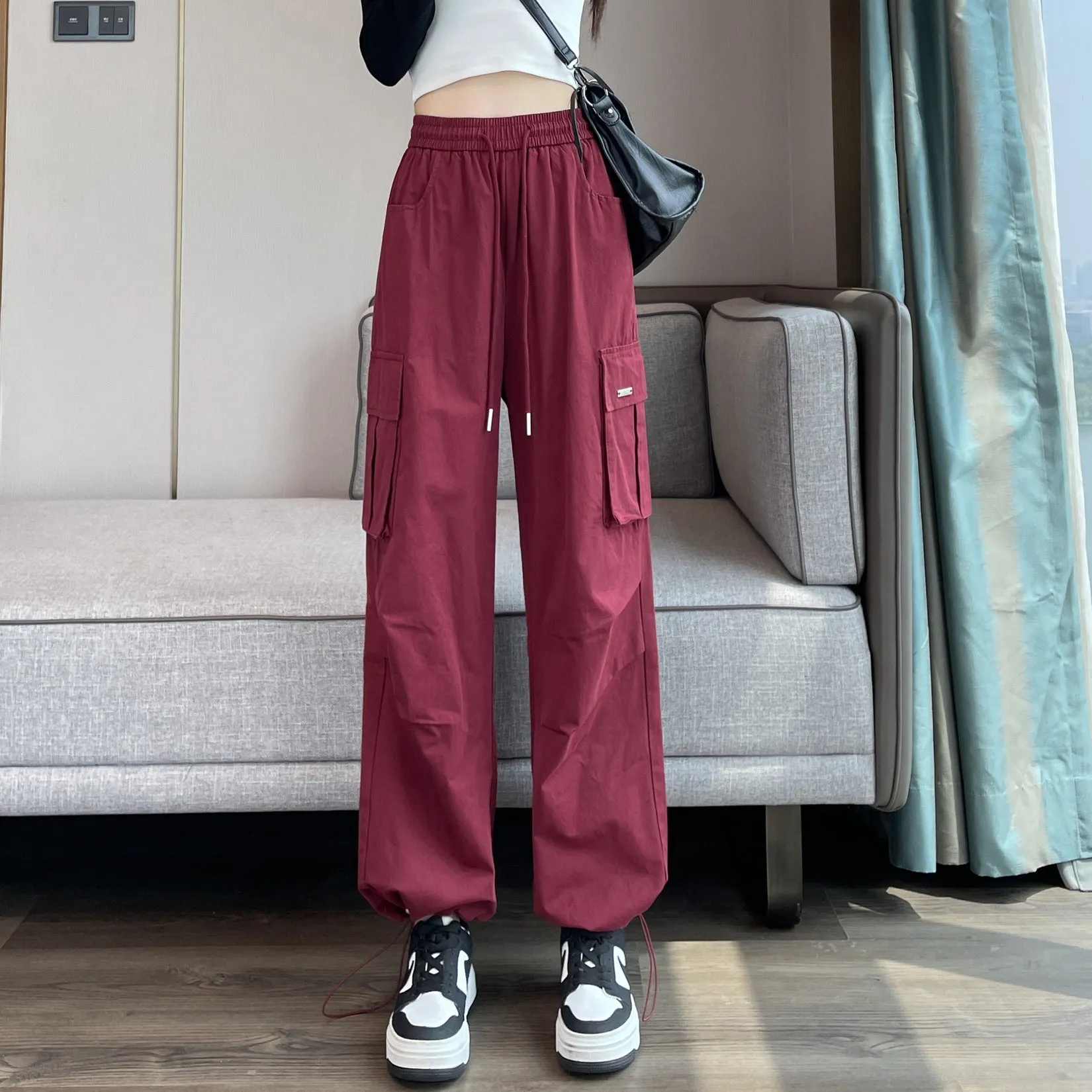 Breathable Solid Color Cargo Pants with Comfort and Drawstring Cuffs