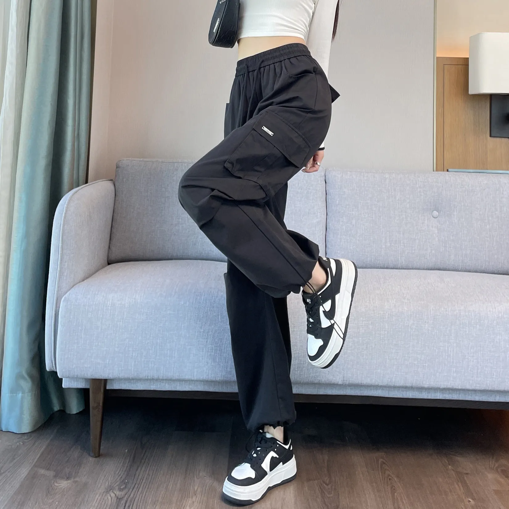 Breathable Solid Color Cargo Pants with Comfort and Drawstring Cuffs