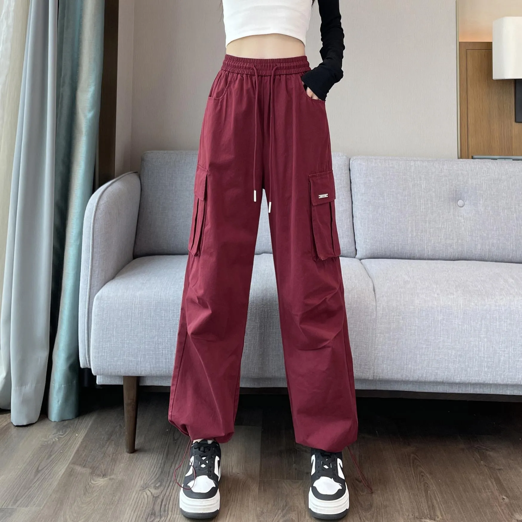 Breathable Solid Color Cargo Pants with Comfort and Drawstring Cuffs