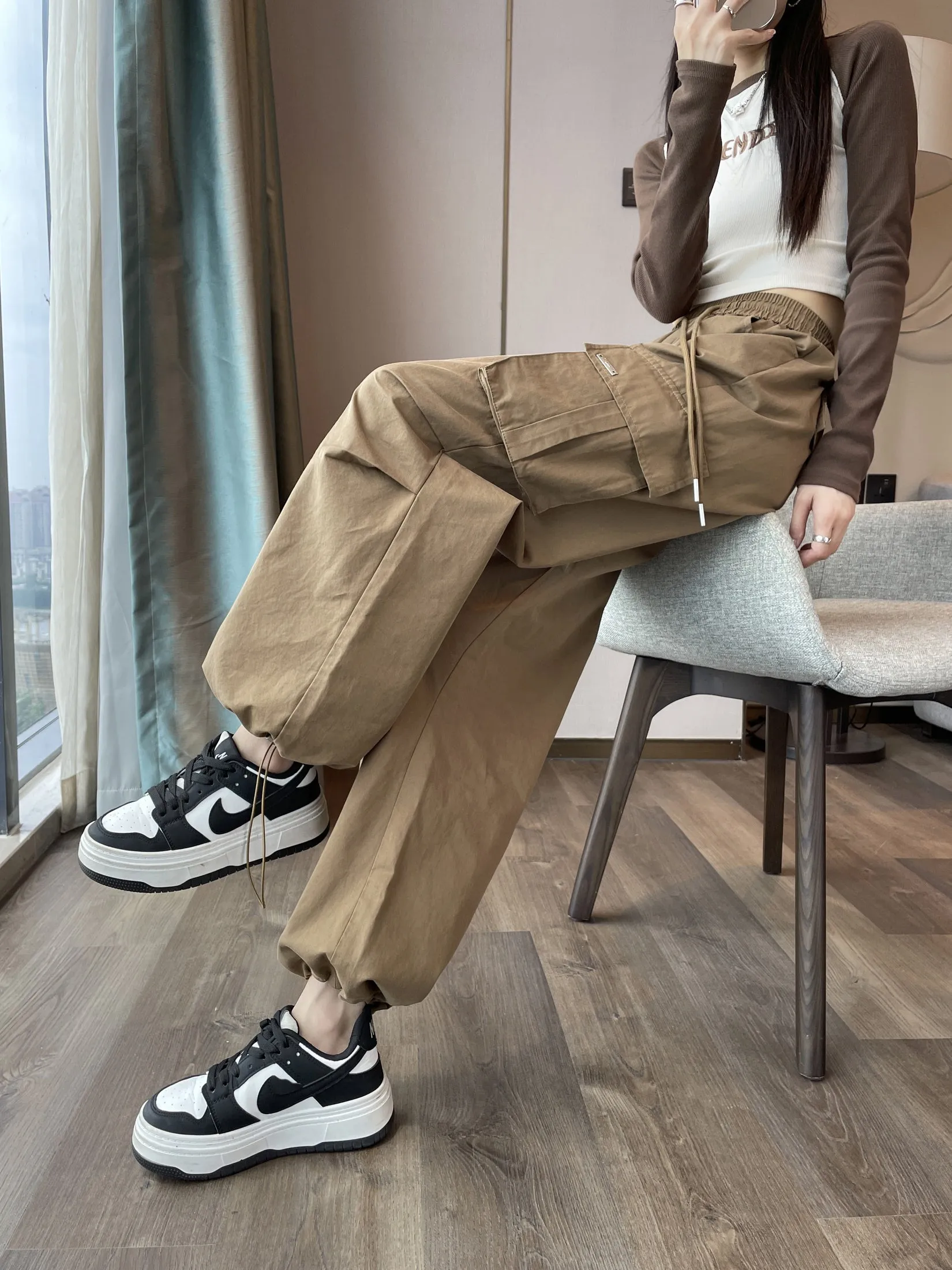 Breathable Solid Color Cargo Pants with Comfort and Drawstring Cuffs