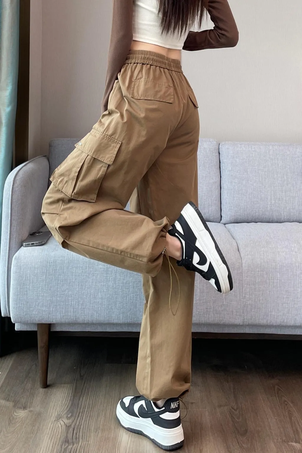 Breathable Solid Color Cargo Pants with Comfort and Drawstring Cuffs