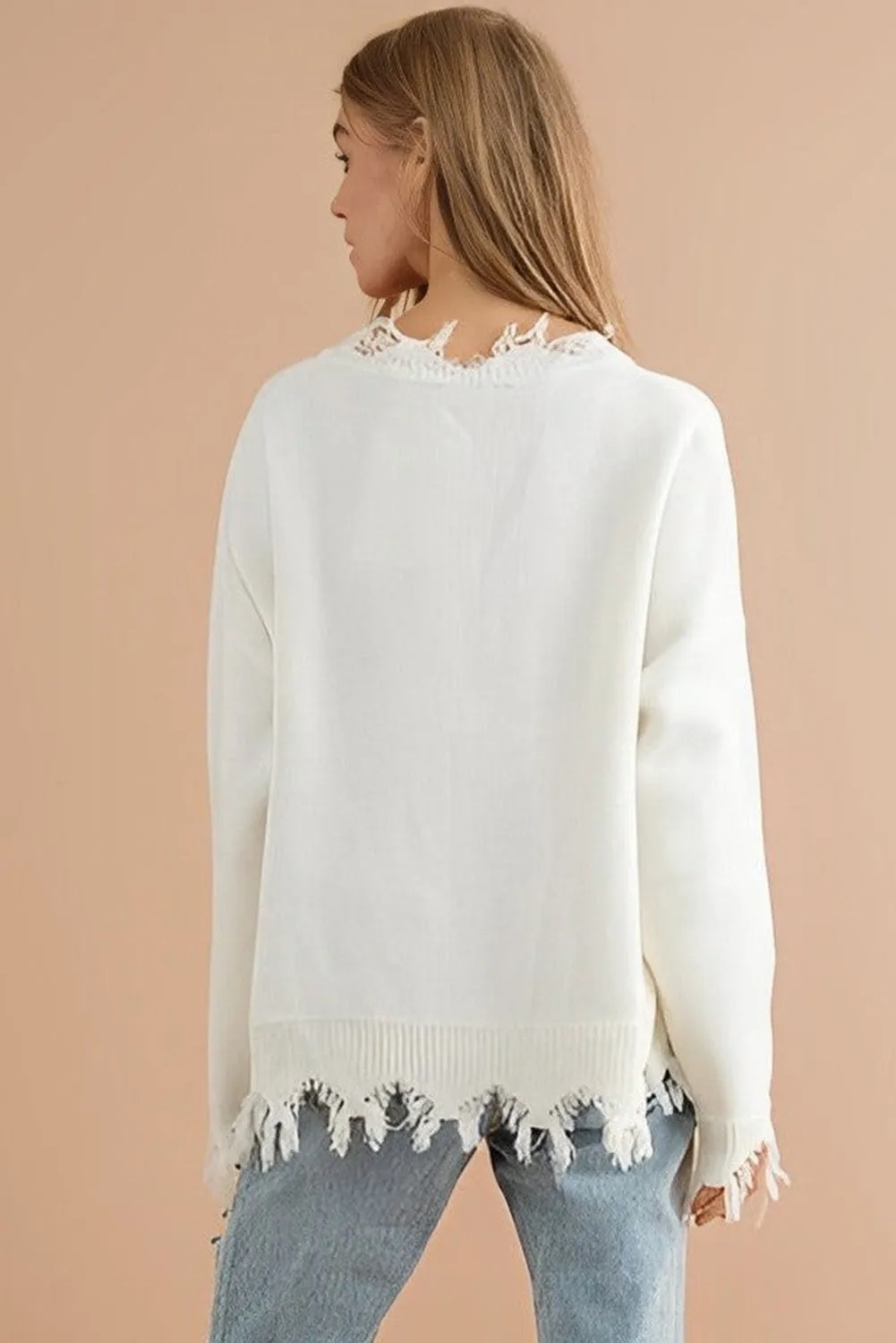 Bright White Tiger Sequin Raw Hem Drop Shoulder Knit Sweater